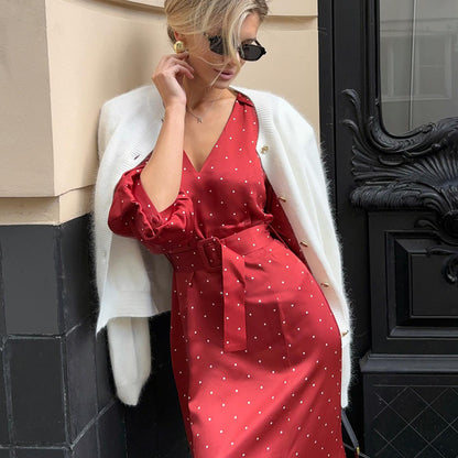 French Style V-Collar Polka Dot Satin Dress - High Waist Fishtail Skirt Long Dress