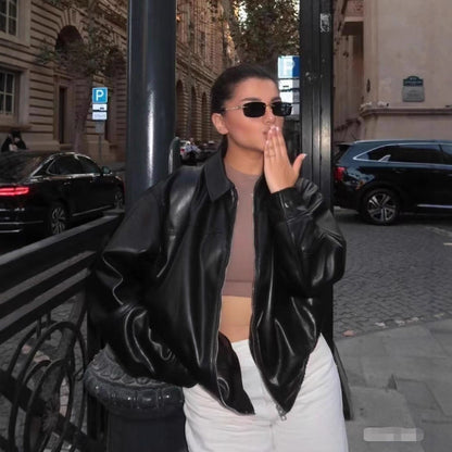 Women's Versatile Faux-Leather Bomber Jacket - Long Sleeve PU Jacket