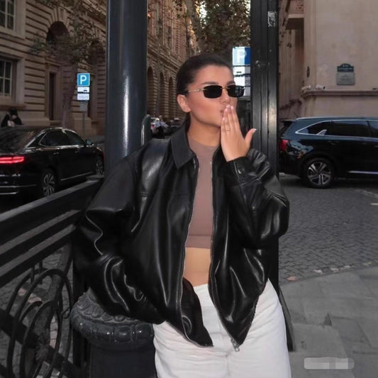 Women's Versatile Faux-Leather Bomber Jacket - Long Sleeve PU Jacket