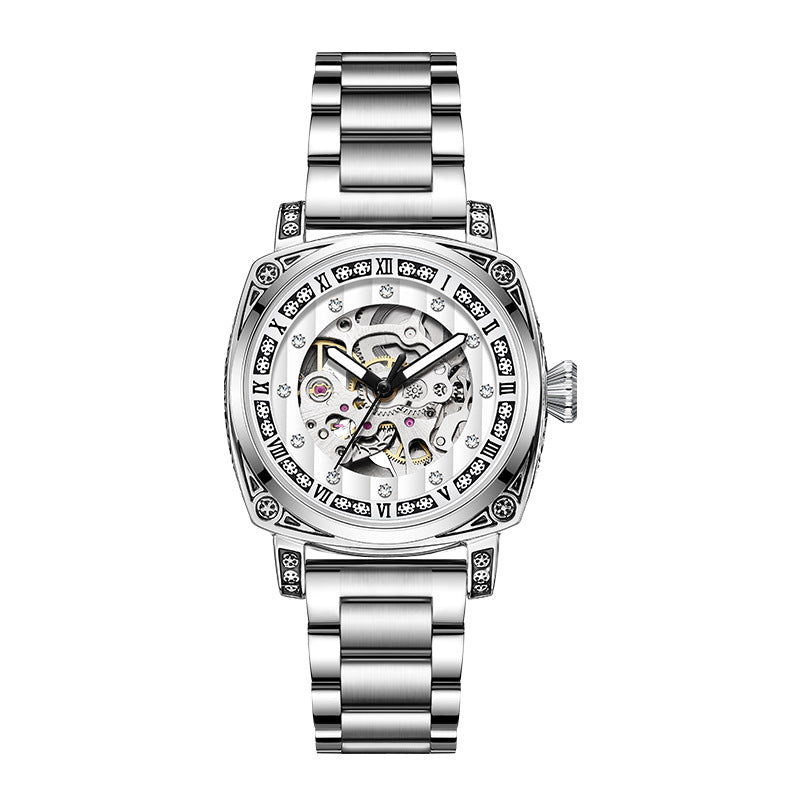 Fashion Mechanical Watch | Luminous Hands | 10m Water Resistant | Leather & Steel Strap | White, Black, Red, Steel Strip