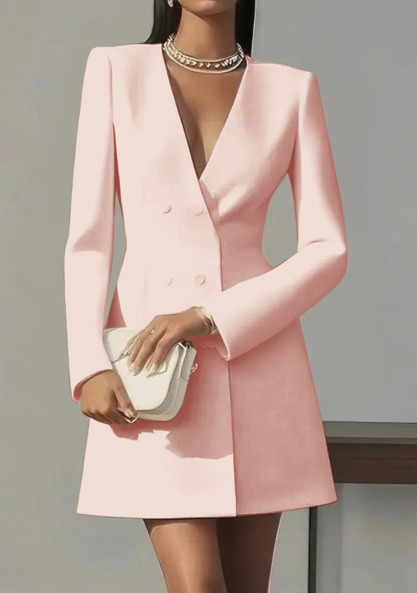Women's V-Neck Button-Front Dress - Elegant Commuter Style