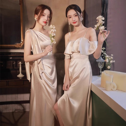Champagne Satin Sleeveless High Waist Formal Dress | Elegant Wedding & Party Gown