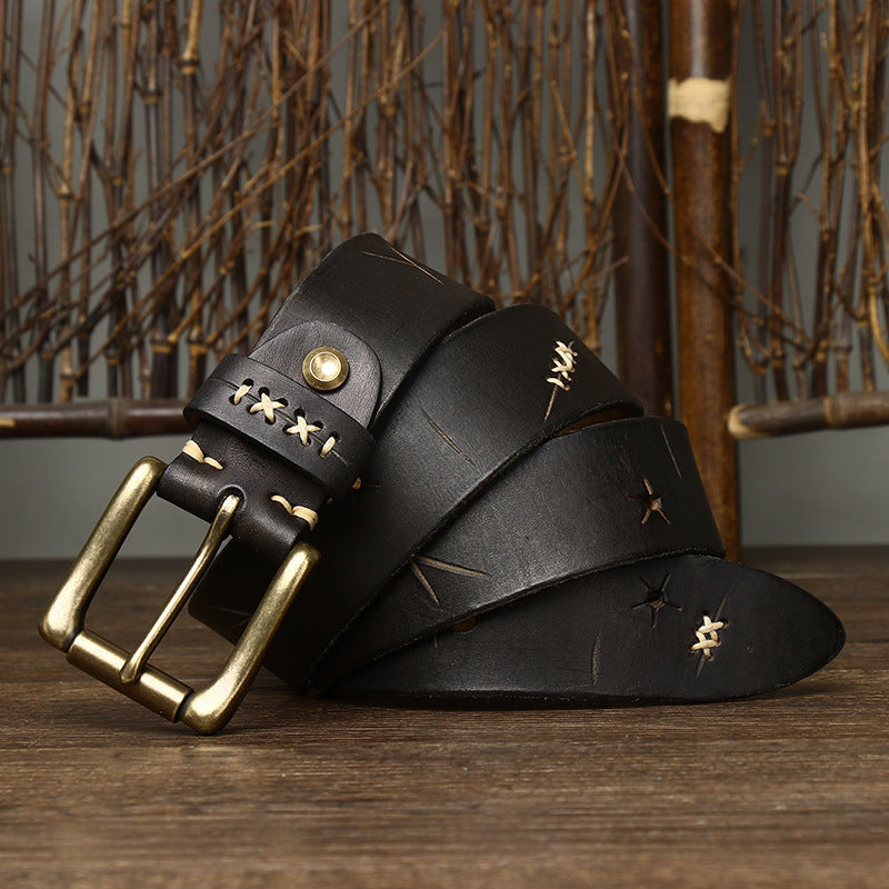 Washed-Out Vintage First Layer Cowhide Leather Belt - Genuine Leather Jeans Belt with Copper Pin Buckle