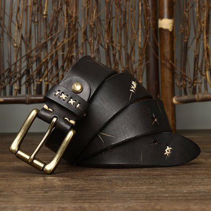 Washed-Out Vintage First Layer Cowhide Leather Belt - Genuine Leather Jeans Belt with Copper Pin Buckle
