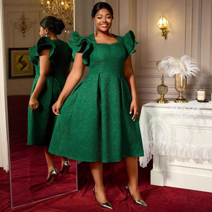 Women's Dark Green Jacquard Ruffle-Sleeve A-Line Evening Dress (Plus Size)