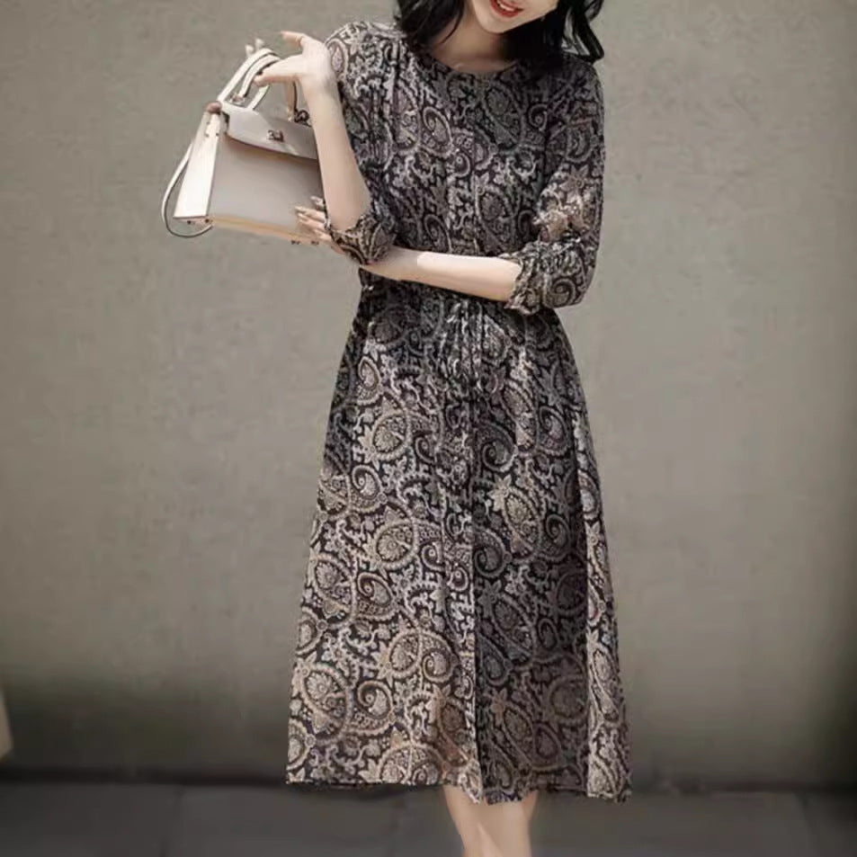 Women's Autumn Botanical Print Silk Dress - 100% Silk with Paisley Pattern and Round Neckline
