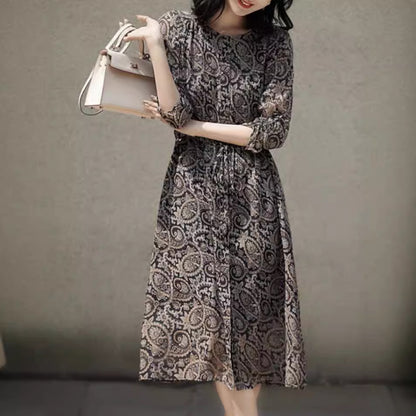 Women's Autumn Botanical Print Silk Dress - 100% Silk with Paisley Pattern and Round Neckline