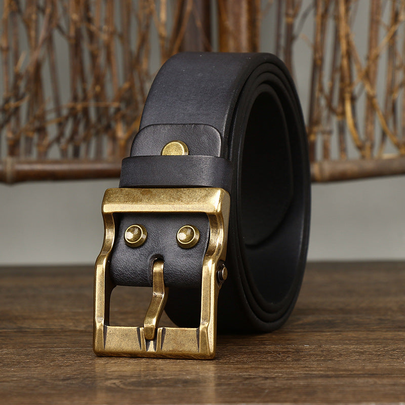 Men's Retro Washed Matte Top-Grain Leather Belt - Brass Buckle with Vegetable Tanning