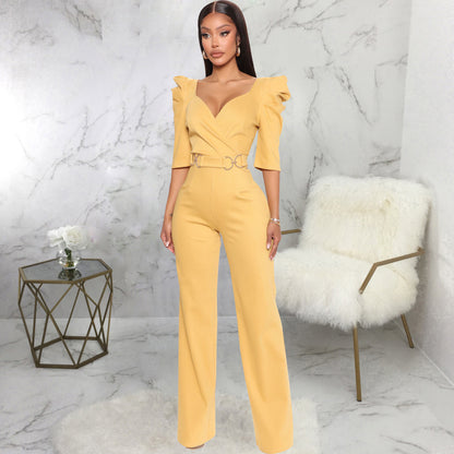 Long Sleeve V-Neck Wide Leg Jumpsuit - Women's Elegant One Piece