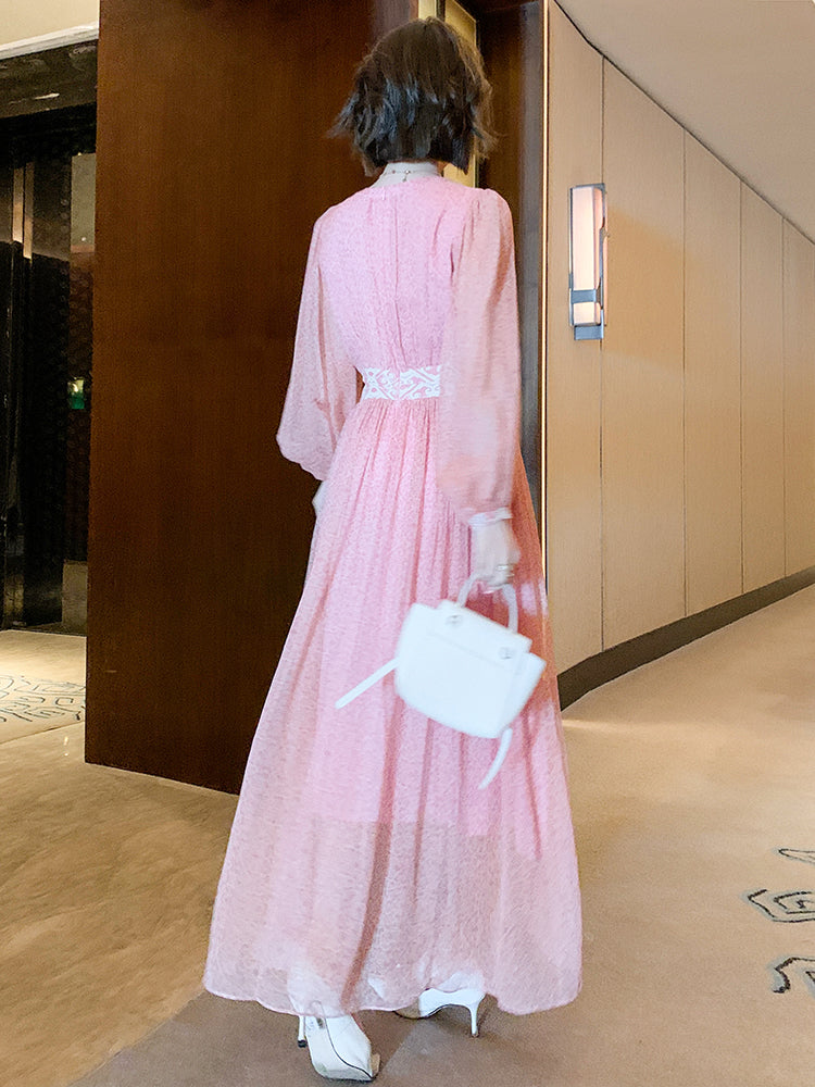 Floral Silk Maxi Dress - V-neck Long Sleeve Swing Dress