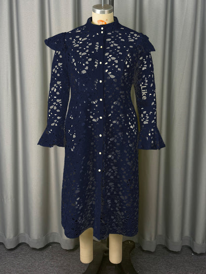 Women's Lace Bell Sleeve A-Line Midi Dress | Half Turtleneck Hollow-Out Cardigan