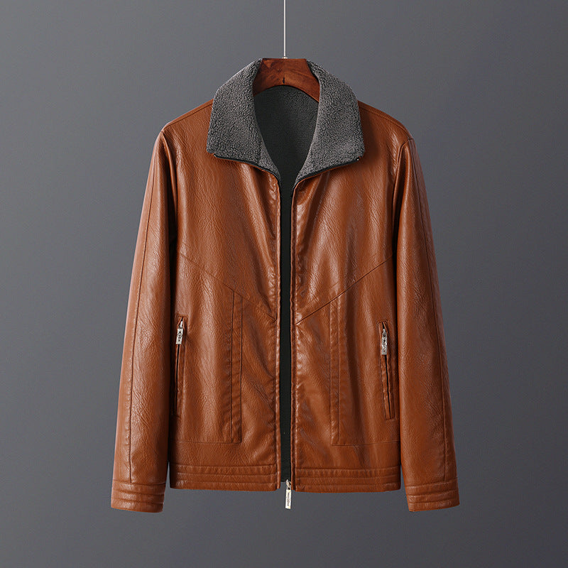 Men's Fleece-Lined PU Leather Jacket - Winter Outerwear
