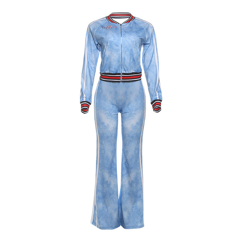 Women's Striped Color-Block Long Sleeve Top and Flared Leg Pants Set