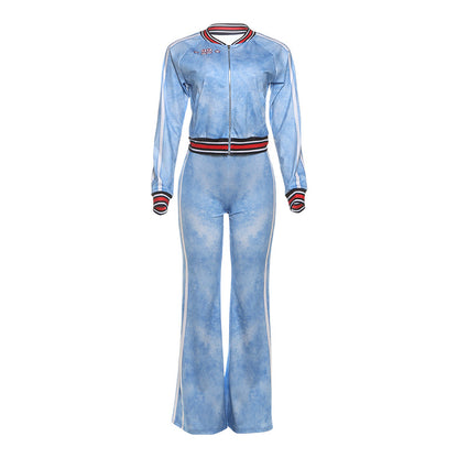 Women's Striped Color-Block Long Sleeve Top and Flared Leg Pants Set