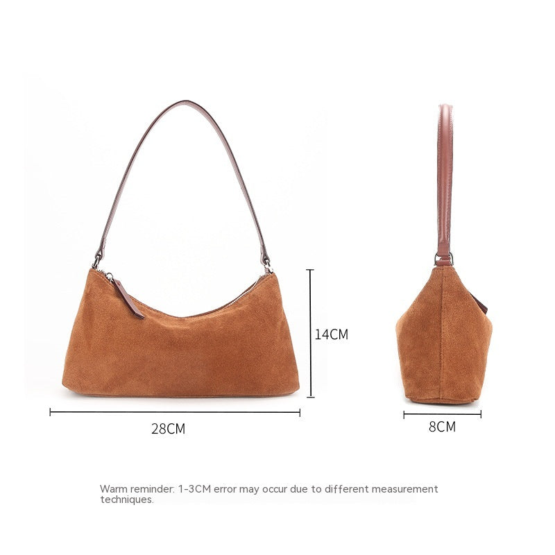 Suede Underarm Baguette Bag - Retro Matte Top-Grain Leather Shoulder Handbag
