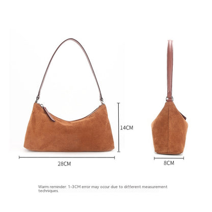 Suede Underarm Baguette Bag - Retro Matte Top-Grain Leather Shoulder Handbag