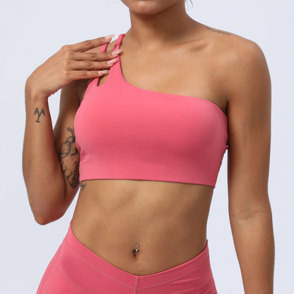 Women's Sports Bra - Slant Shoulder Strap Workout Top with Hollow-Out Design