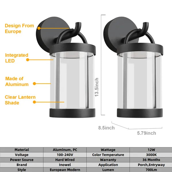 Inowel Outdoor Wall Sconce - IP65 Waterproof LED Classic Round Lamp