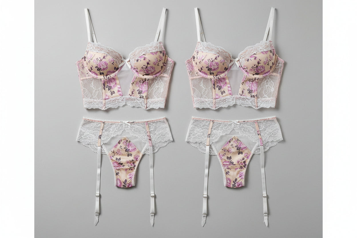 Women's Three-Piece Lingerie Set - Underwire Bra with Garter Straps