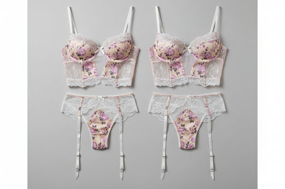 Women's Three-Piece Lingerie Set - Underwire Bra with Garter Straps