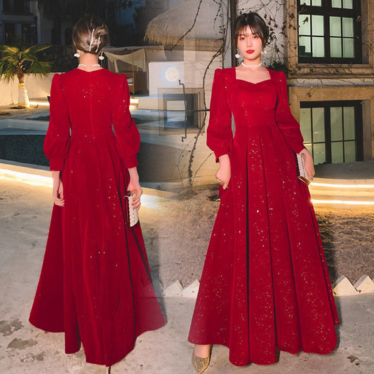 Women's Red Long-Sleeve Mid-Rise Evening Gown