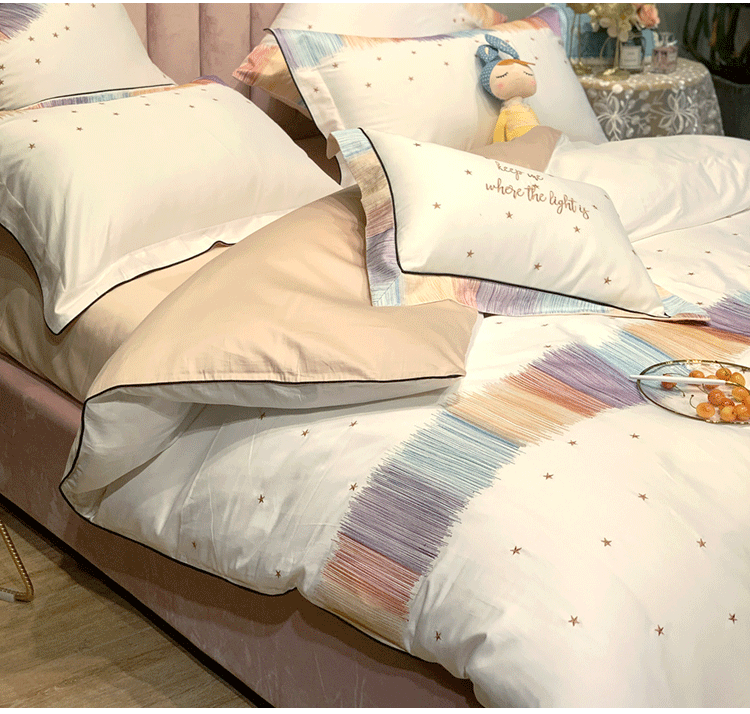 Long-Staple Cotton Star Embroidered Bedding Set - 4-Piece Satin Weave Collection
