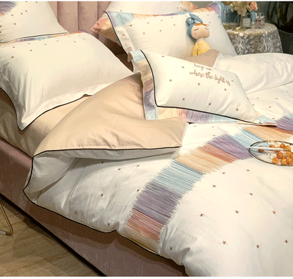 Long-Staple Cotton Star Embroidered Bedding Set - 4-Piece Satin Weave Collection