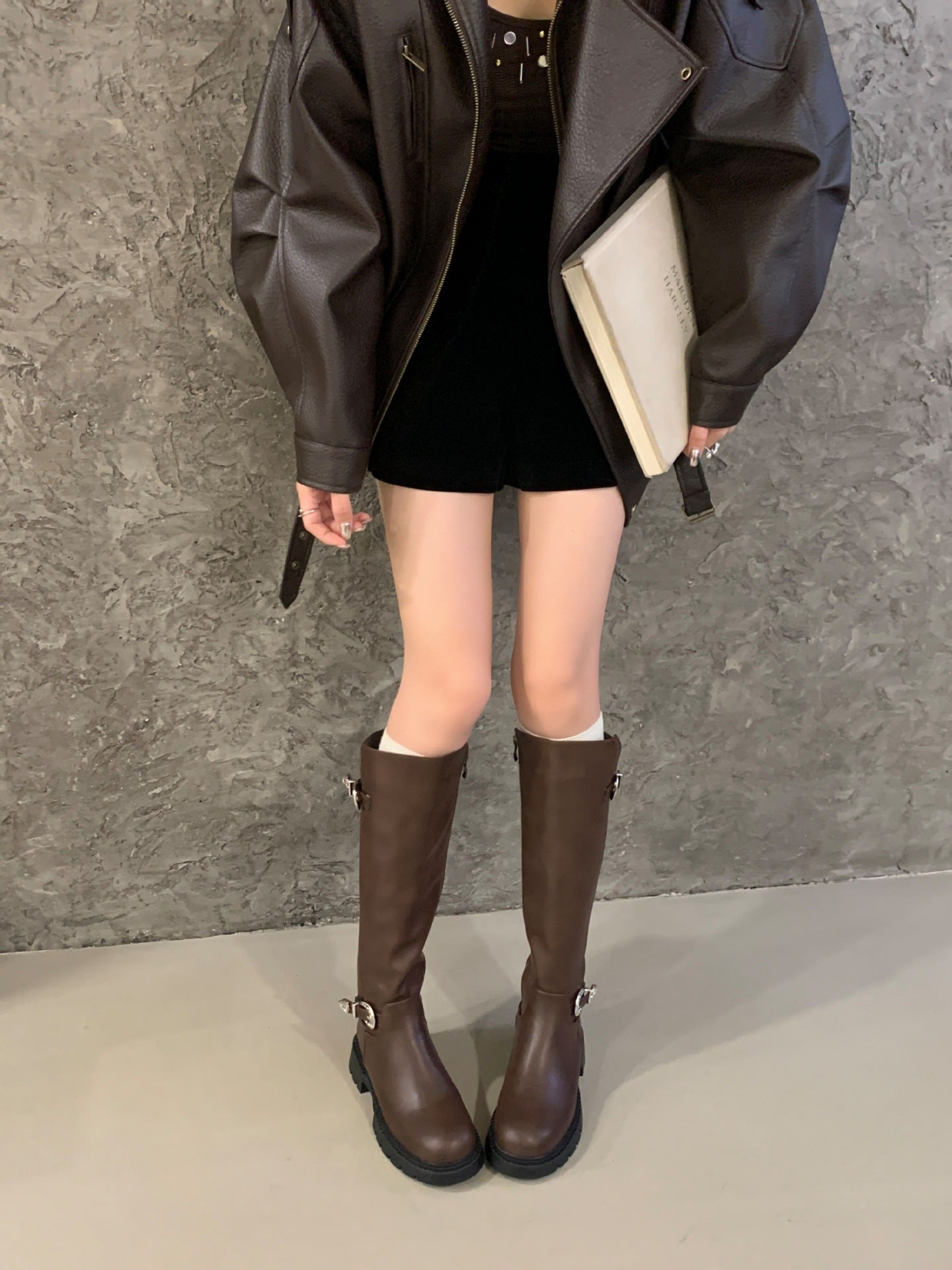 Women's High-Top Ankle Boots with Belt Buckle & Side Zipper