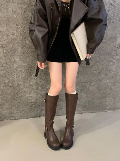 Women's High-Top Ankle Boots with Belt Buckle & Side Zipper