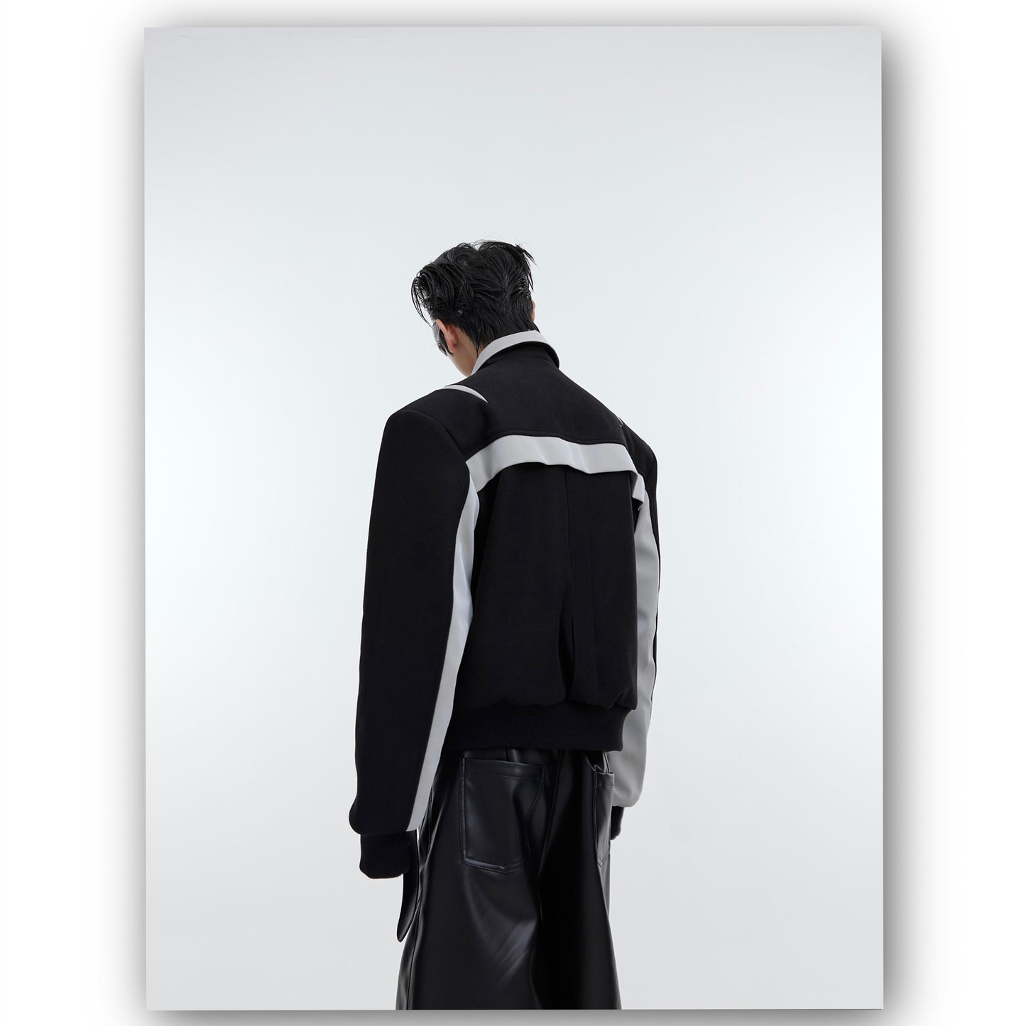 Color Block PU Leather & Wool Composite Jacket - Contemporary Style