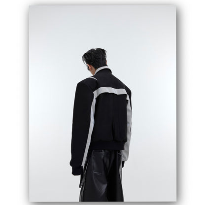Color Block PU Leather & Wool Composite Jacket - Contemporary Style
