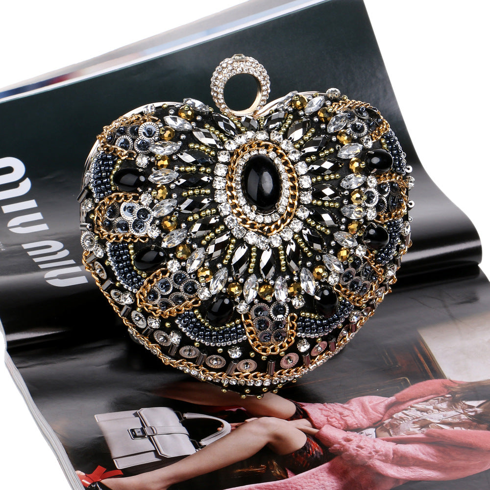 Beaded Embroidery Evening Bag - Rhinestone Clutch Purse with Hard Handle
