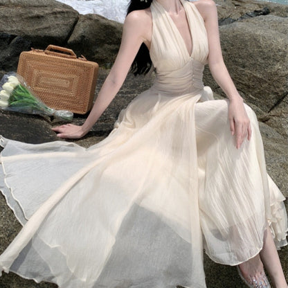 Women's Sleeveless V-Neck Halter Dress - Cinched Waist Pleated Maxi Dress