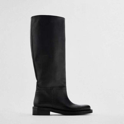 Women's Vintage High Boots - Mid-Heel Leather Boots with Round Toe