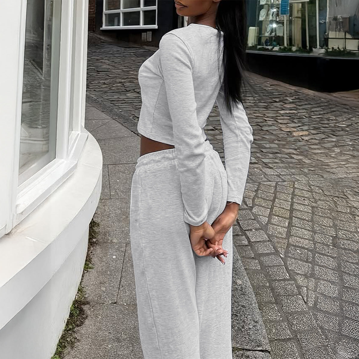 Women's Solid-Color Base Shirt and Casual Pants Set - Polyester Two-Piece Outfit