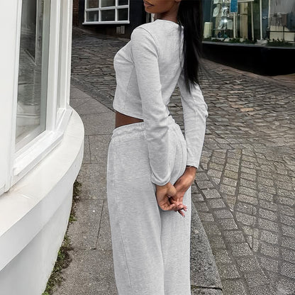 Women's Solid-Color Base Shirt and Casual Pants Set - Polyester Two-Piece Outfit
