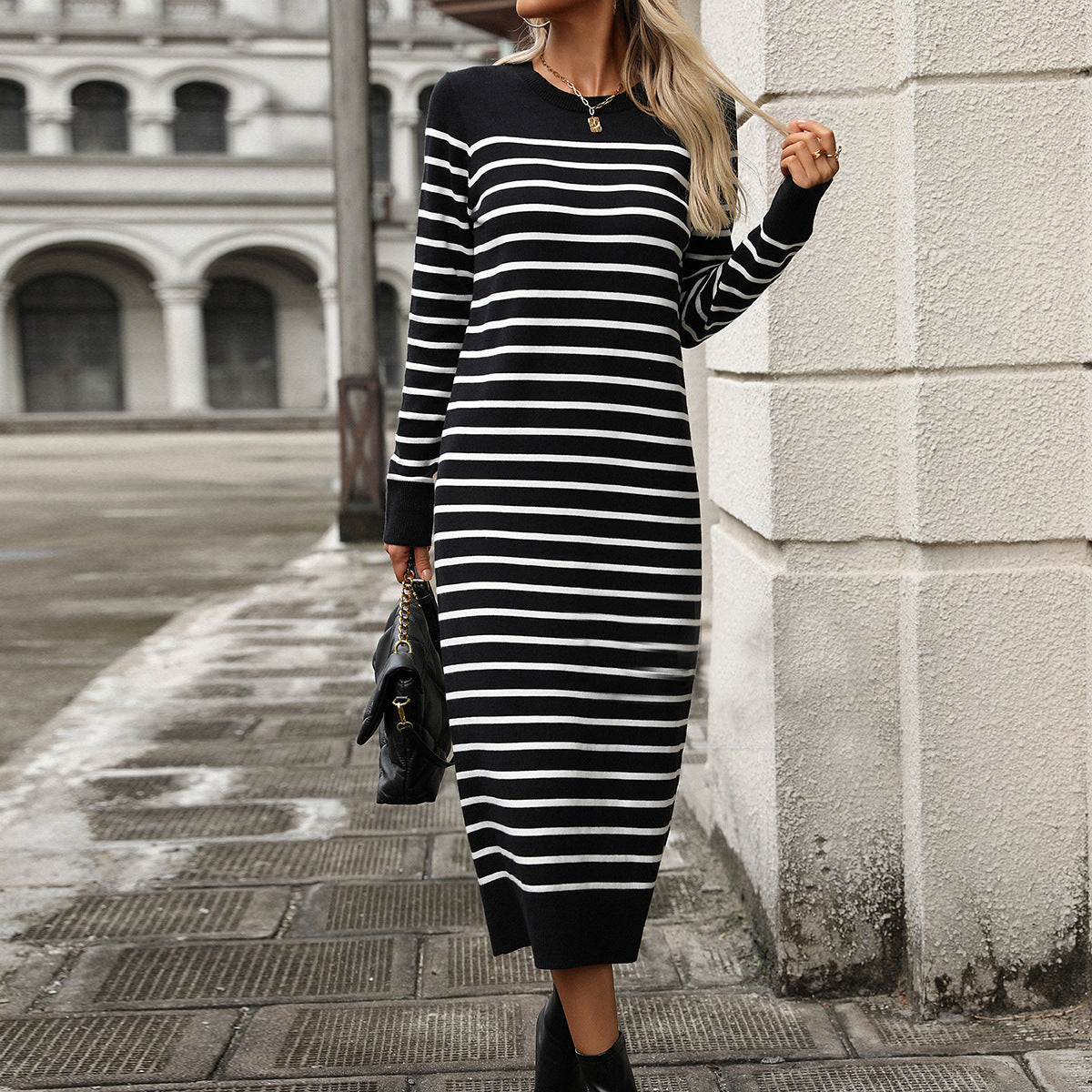 Knitted Striped Long Sleeve Dress - Slim Fit Pullover Dress with Splicing Detail