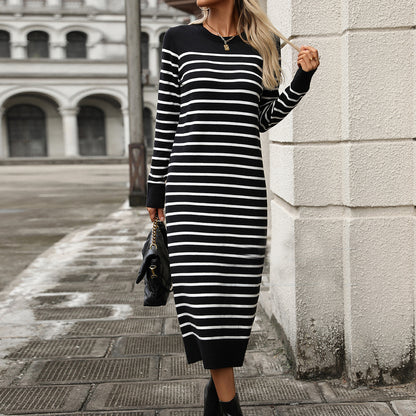 Knitted Striped Long Sleeve Dress - Slim Fit Pullover Dress with Splicing Detail
