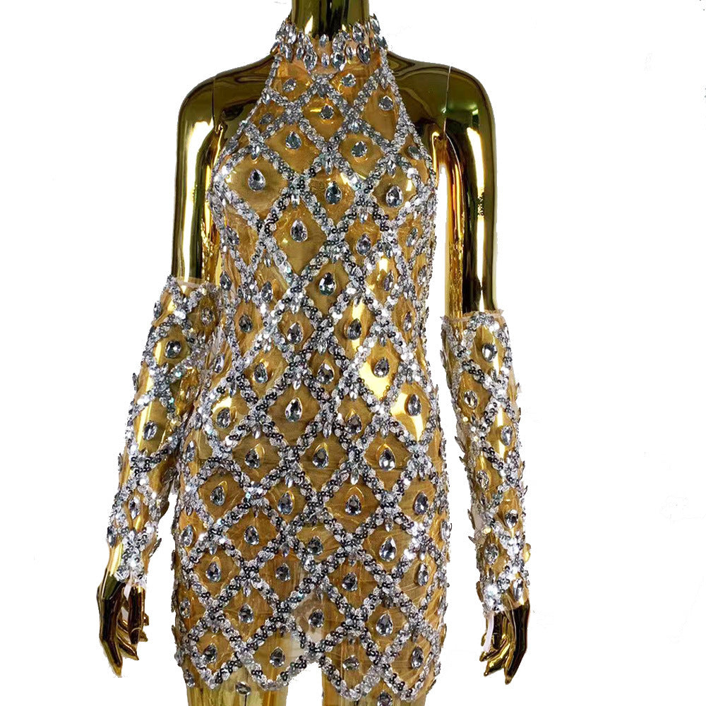 Women's Rhinestone Plaid Sequin Mini Dress – High Waist Three-Quarter Sleeve Fitted Dress with Gloves