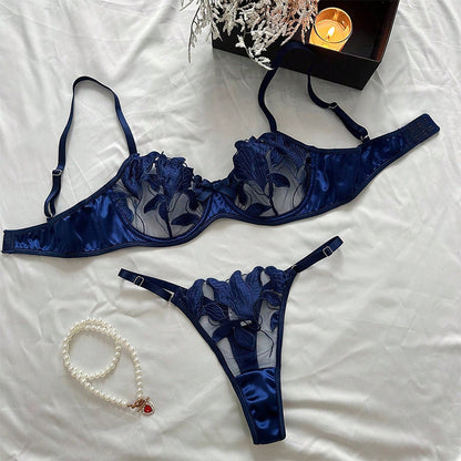 Women's Lace Embroidery Mesh Bra and Panty Set - 3/4 Cup Lingerie Set