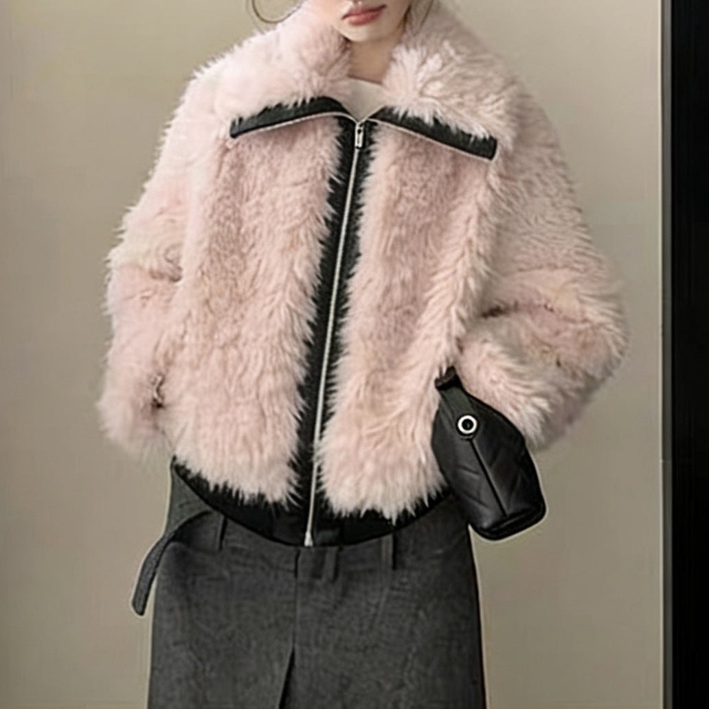 Premium Wool Blend Lapel Jacket with Faux Leather Trim