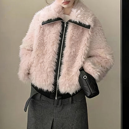 Premium Wool Blend Lapel Jacket with Faux Leather Trim
