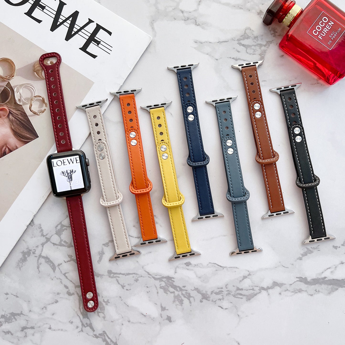 Slim Leather Apple Watch Band - Double Rivet Design with Custom Interface