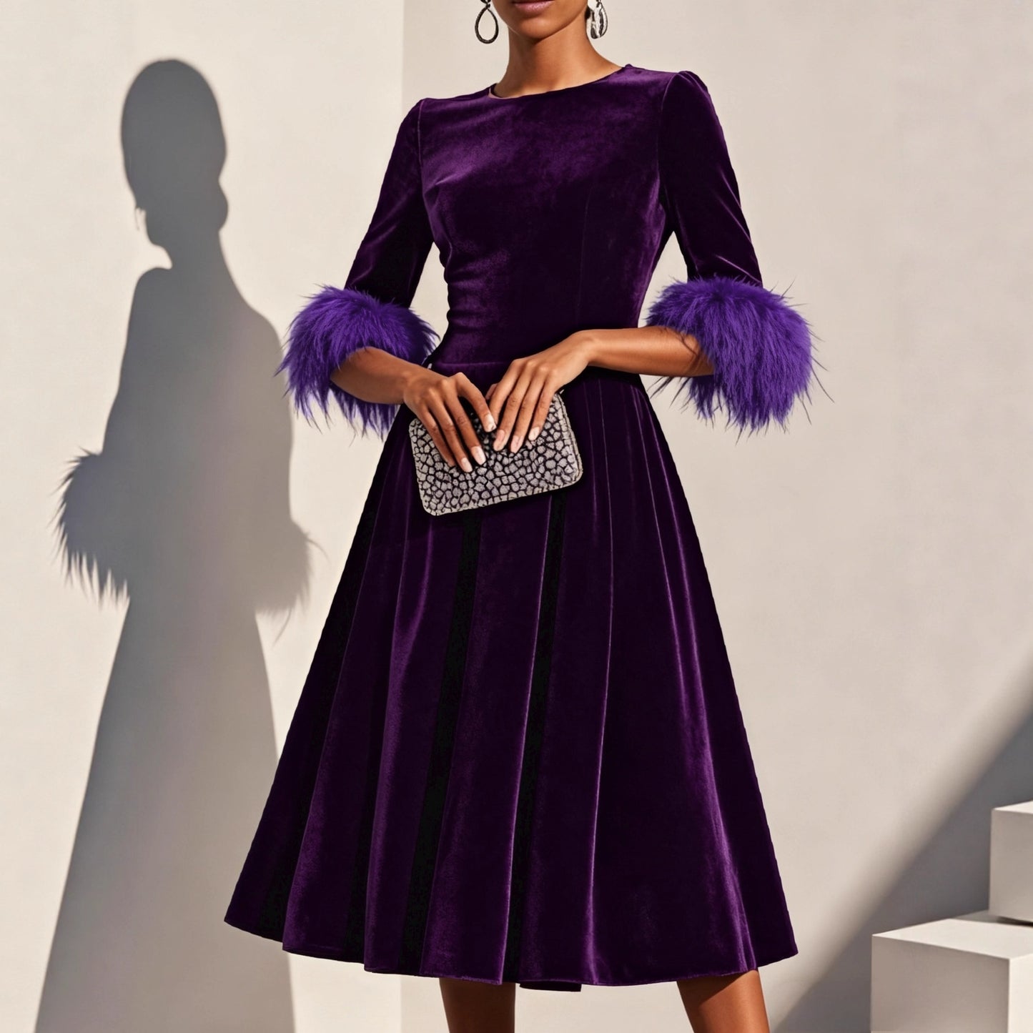 Women's Elegant Round-Neck Velvet Dress - Mid-Length Three-Quarter Sleeve
