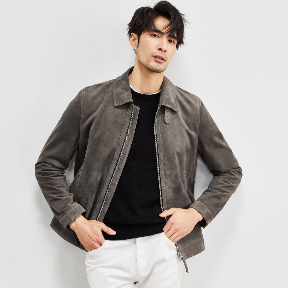 Genuine Sheepskin Suede Leather Jacket - Men's Lambskin Lapel Biker Jacket
