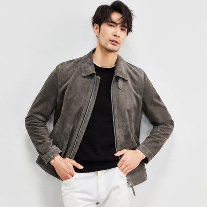 Genuine Sheepskin Suede Leather Jacket - Men's Lambskin Lapel Biker Jacket
