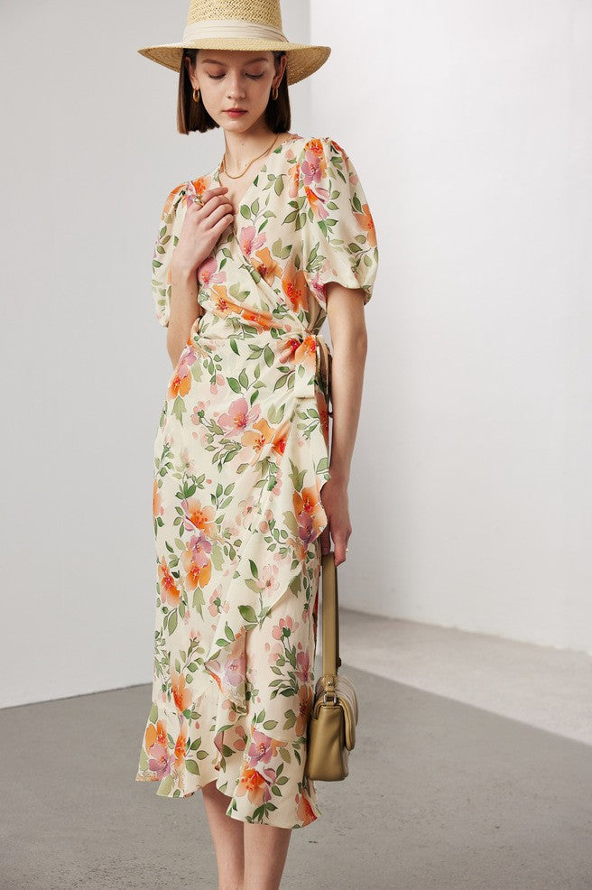 Silk Dress with Lace Print - Short Sleeve A-line