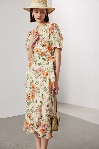 Silk Dress with Lace Print - Short Sleeve A-line