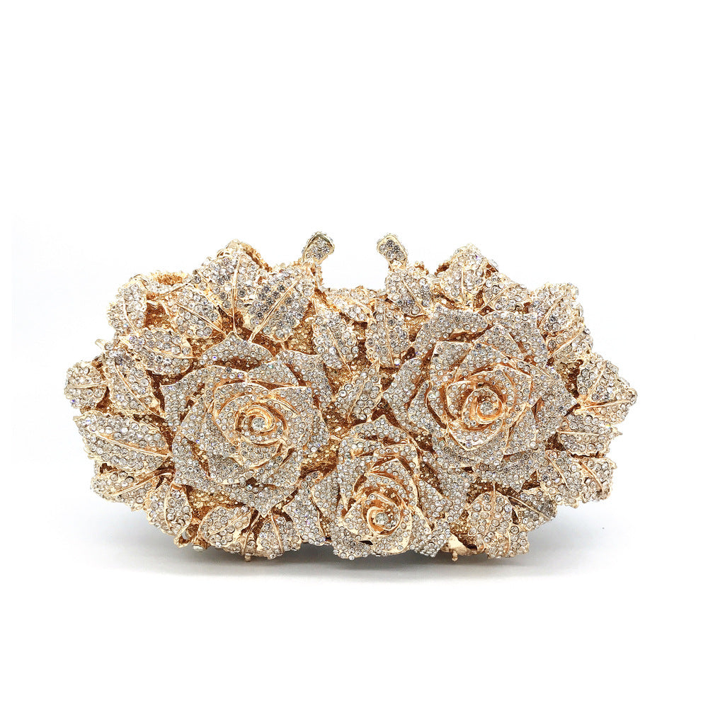 Rose Design Evening Clutch - Crystal Embellished Metal Frame Bag