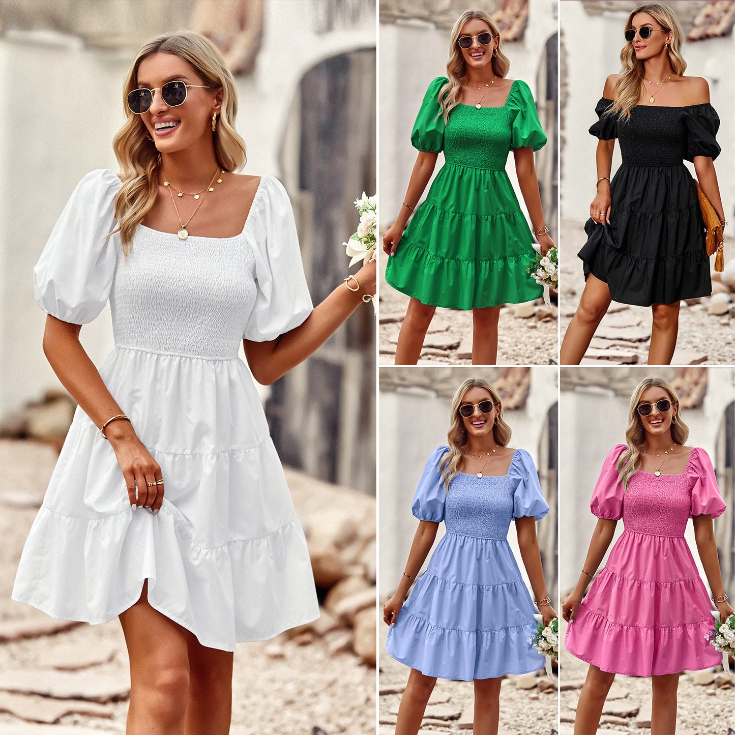 Square Neck Puff Sleeve A-Line Dress - Short Sleeve Mini Dress